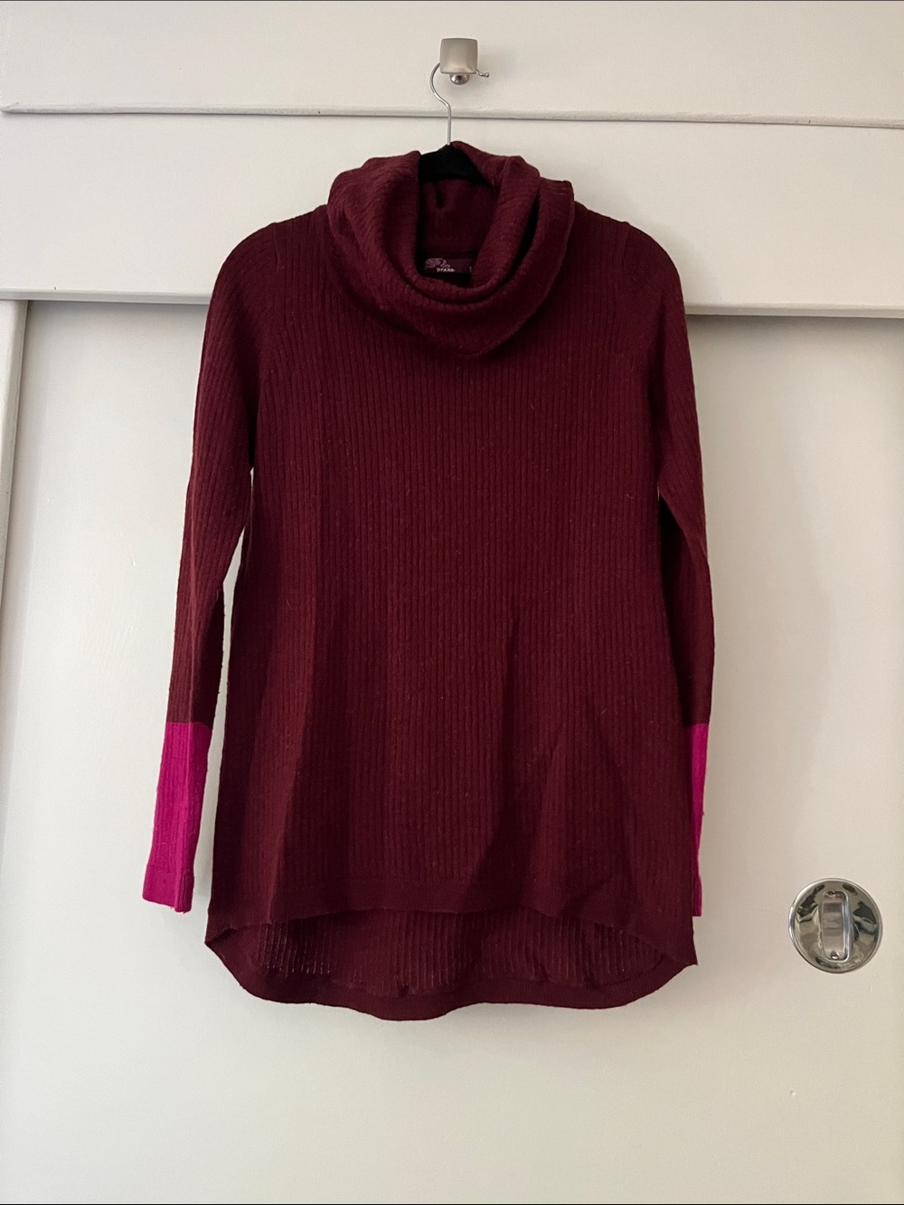 Prana Cowl Neck Ribbed Sweater Tunic in Burgundy with Pink Cuff Accents